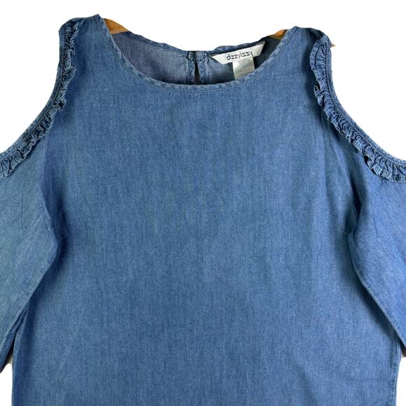 DIZZY LIZZY Denim Cold-Shoulder Ruffled Trim Long Sleeve Womens blouse Size L - Picture 3 of 10
